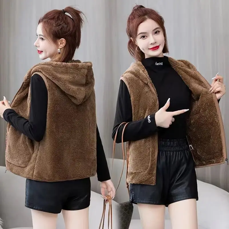 New Coral Double-sided Fleece Vest Women Casual Hooded Short Sleeveless Jacket Autumn  Winter Warm Polar Fleece Zipper Waistcoat