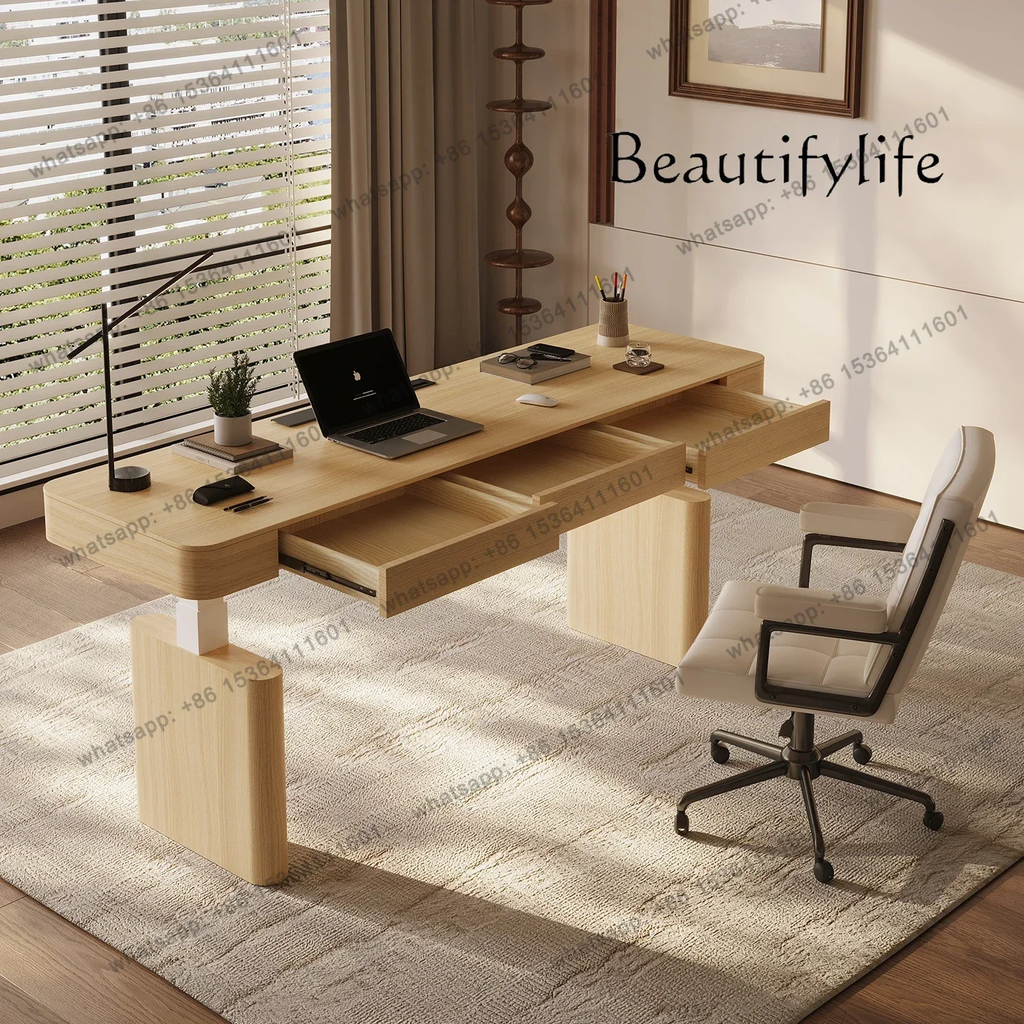 

White Wood Solid Wood Electric Lifting Table Modern Office Computer Desk Double Motor With Drawers Study Table