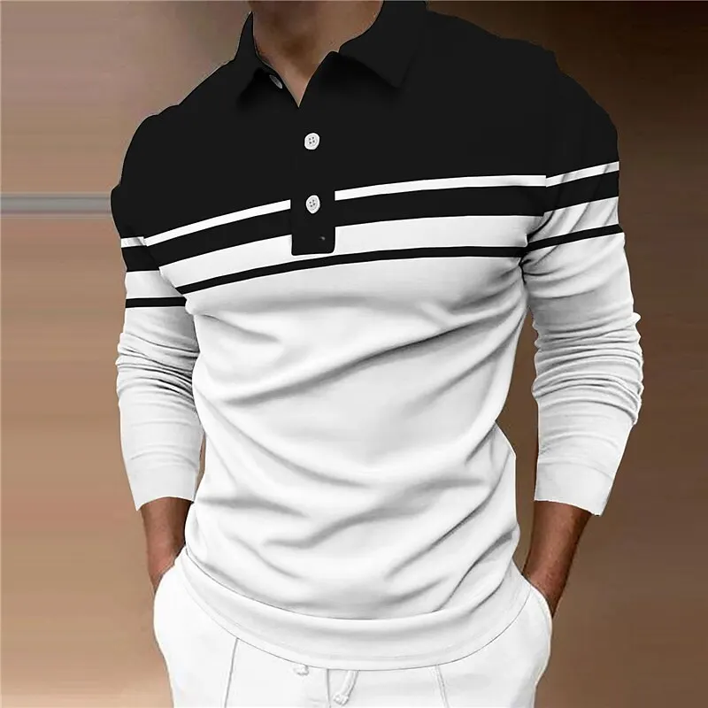 Men's Striped Rugby Long Sleeve Polo Shirt Lapel Shirt Sports Casual Outdoor Office Daily Wear Button Spring Autumn Winter image 5
