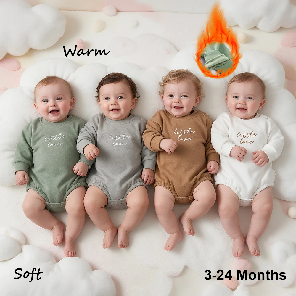 Winter Baby Bubble Romper Winter Newborn Clothes Cotton Unisex Baby Onesie Long Sleeve Bodysuit with 'Little Love' Embroidery