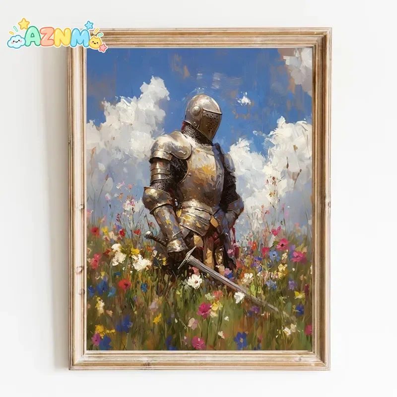 Vintage Dark Academia Medieval Knight in Wildflower Meadow Fantasy Sword Poster Canvas Painting Wall Art Pictures Home Decor