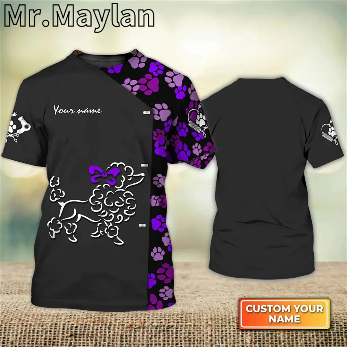 3D Full Printed Custom Name Dog Groomer Shirt For Pet Groomer Salon Purple Bow Poodle Tshirt Gift For Groomer Tee Unisex Tops