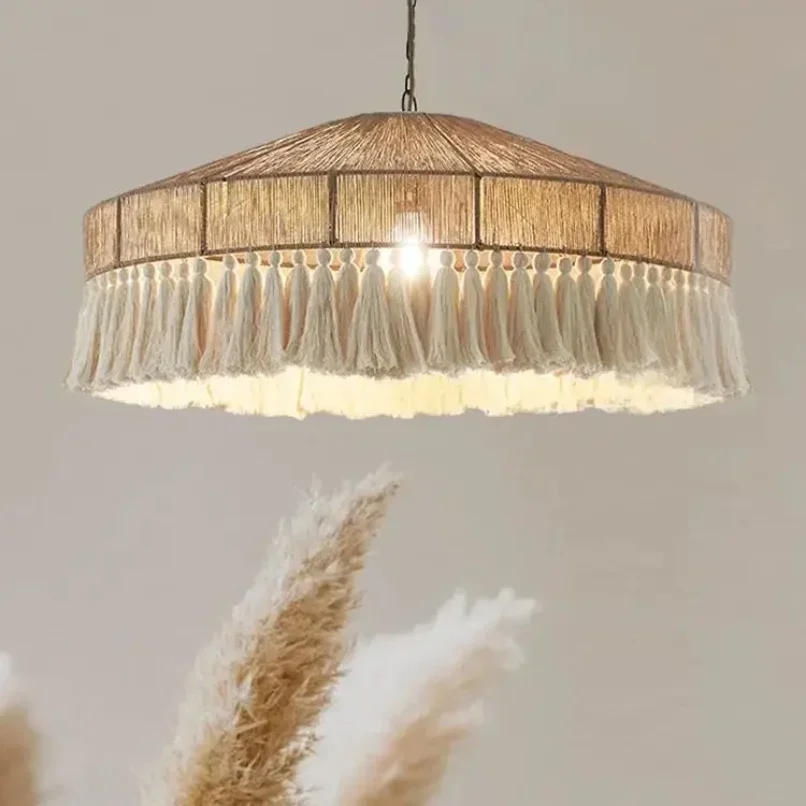 Bohemian Wabi Sabi Natural Tassel Nordic Country Living Kitchen Hotel  Handmade Woven Rattan Resort Popular Pendant Lamp