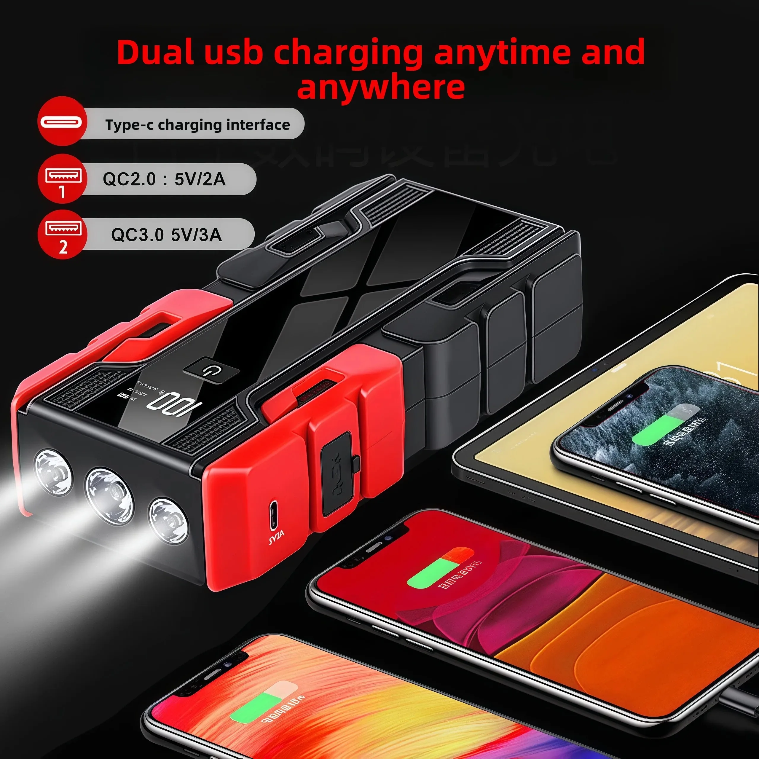 12V Car Jump Starter , 3000A Peak 99800mAh Portable Power Bank ,12V Auto Battery Booster with LCD Display, Emergency LED Light