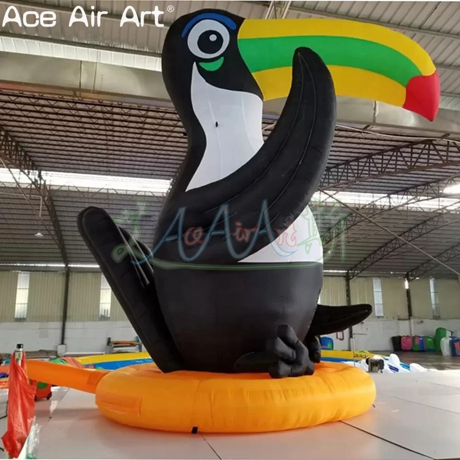 Custom Black Feather Inflatable Yellow Green Toucan Model With Orange Base For Zoo Visit Display Or Party Decoration