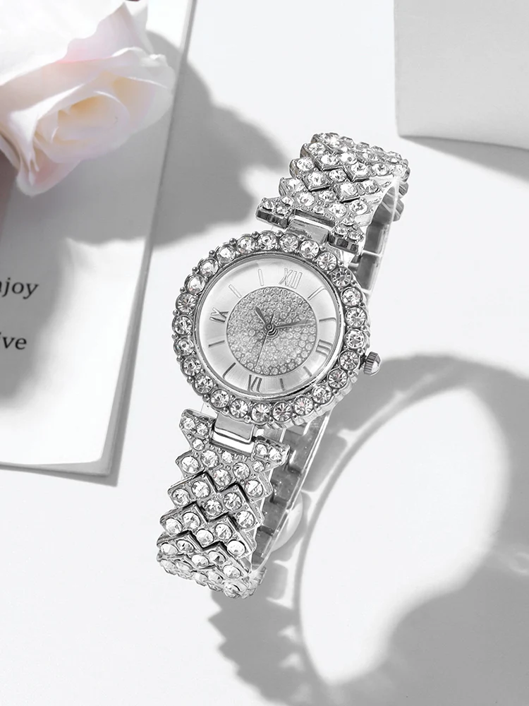 5pcs Fashionable Full Diamond WOMEN\'S Steel Band Quartz Watch with Diamond Inlaid Bracelet, Necklace, Earring Set