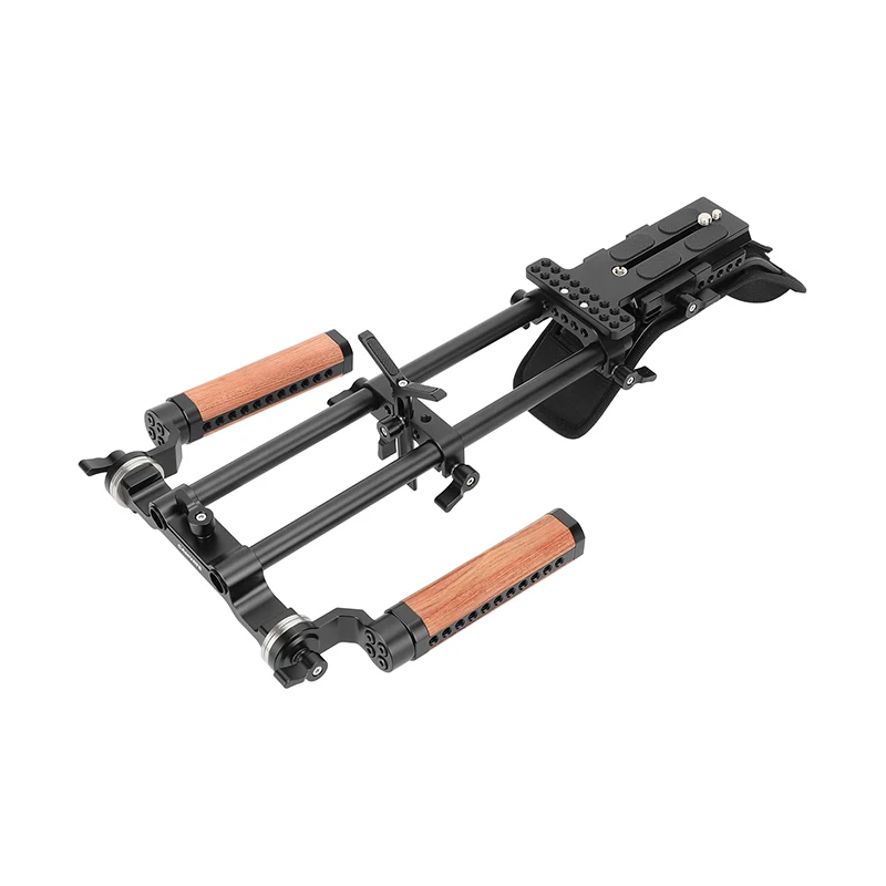 HDRIG 2023 New Shoulder Mount 15mm Railblock Rig with QR Plate Wooden Handgrip & Lens Support For DSLR Cameras Camcorders