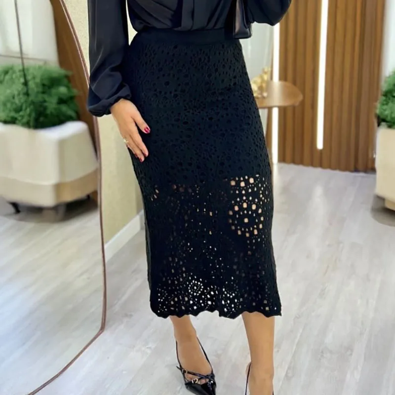 Bureau mode crochet fleur évider jupe longue taille haute Wrap hanche jupe décontracté couleur unie coupe ajustée femmes automne a-ligne jupe