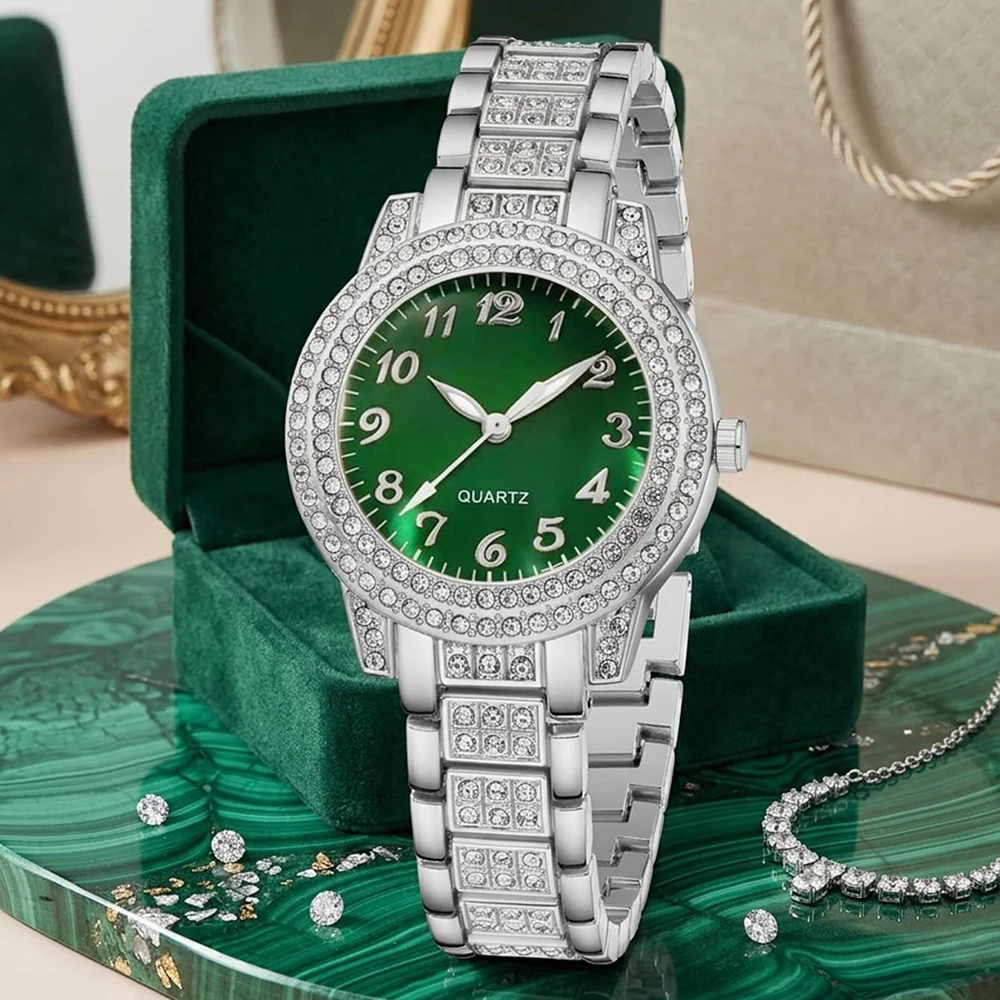 4Pcs/Set Unisex Jewelry Watches Women's Wristwatch Accessories Silver Green Trendy Fashionable Elegant Classic Exquisite Light Luxury Rhinestone Luxury Quartz Watch Set Y2K Suitable for Travel, Parties, Daily Outfits, Perfect Birthday and Holiday Gift