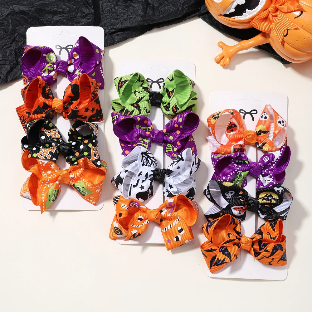 Halloween Bow Skull Hairclip para Crianças, Engraçado Adorável Hairpin, Personalidade Gótica para Meninas, Acessórios de Festa para Crianças, 4 peças por conjunto