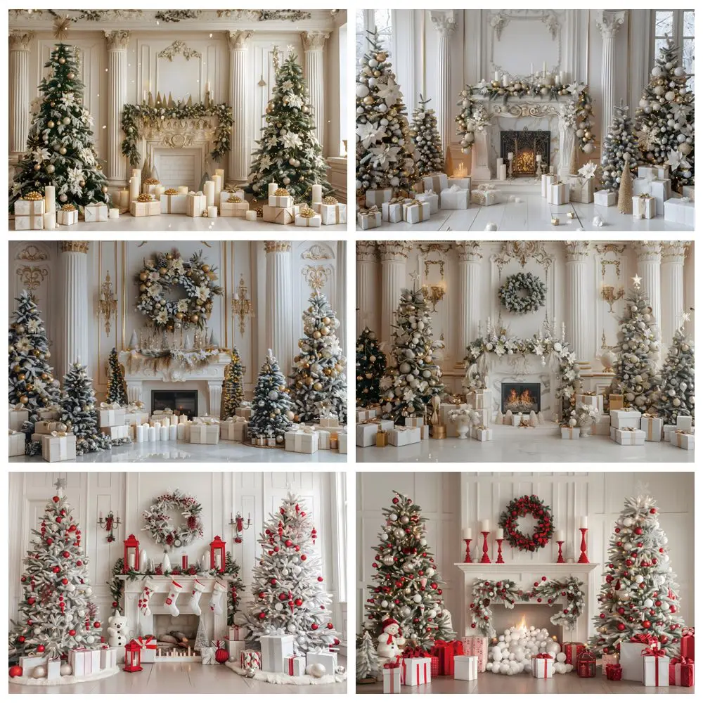 

AI Christmas Photography Backdrop Xmas Tree Gifts Fireplace Interior Wall Family Party Photo Background Decor Photostudio Props