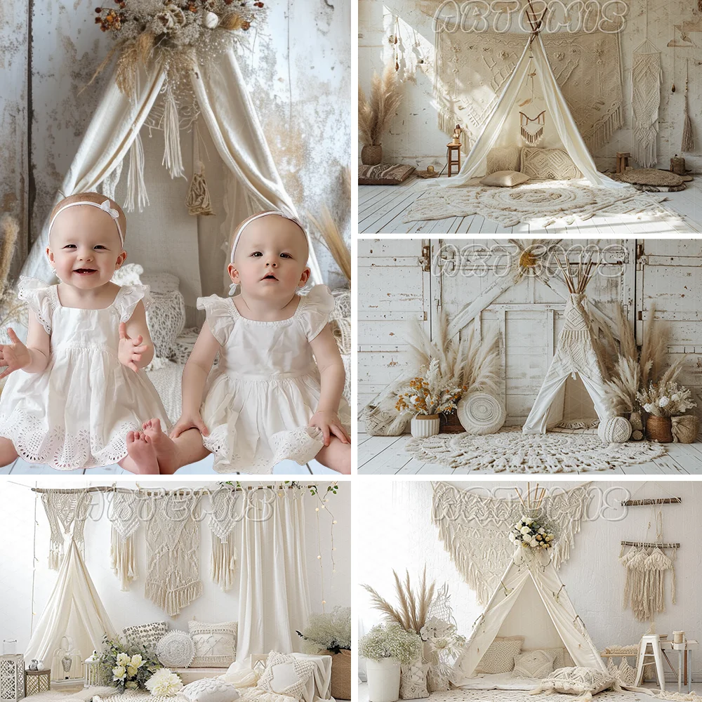 Spring Photography Backdrop Bohemian Vintage Teepee Beige Knitted Tapestrie Baby Showr Birthday Portrait Background Photo Studio