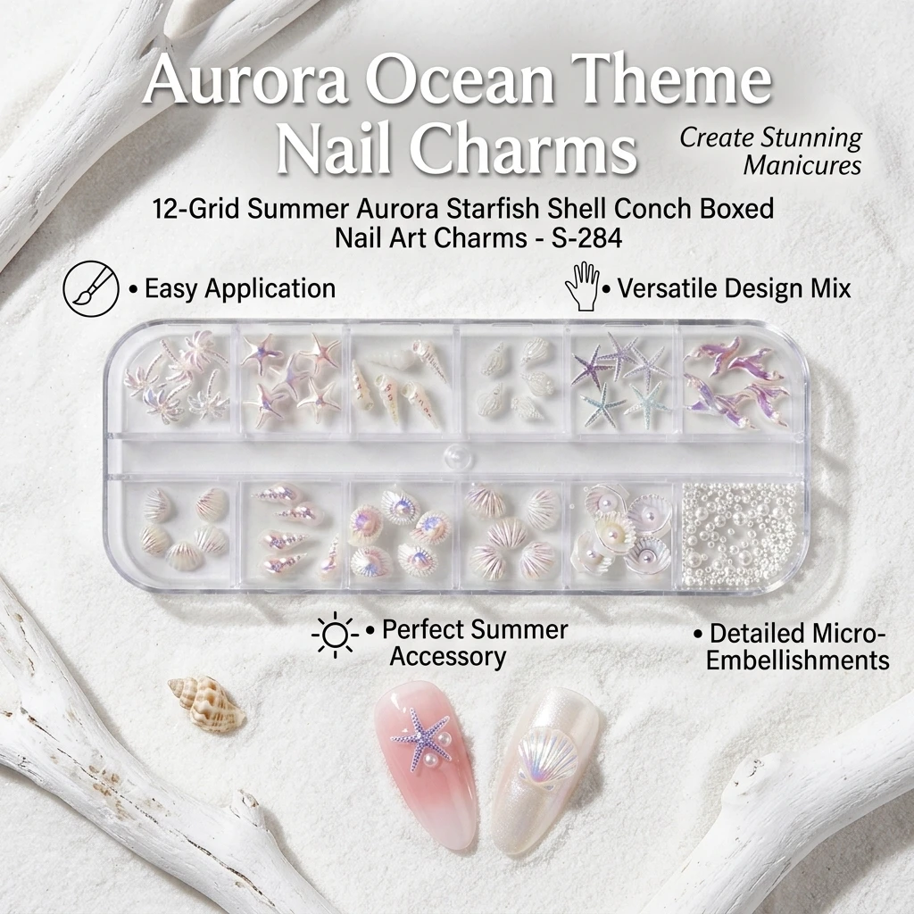 12-Grid Nail Art Decor Set Aurora Shell Alloy for Beach Vacation Summer Manicure Kit Starfish Conch Charms Accessories