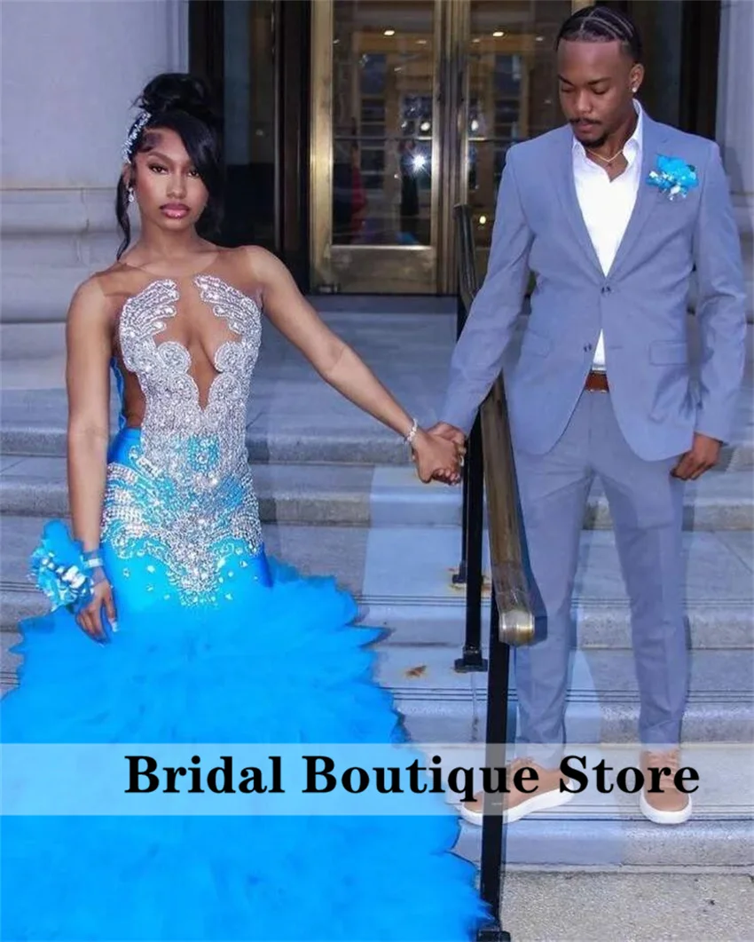 Blue Diamonds Long Prom Dress For Black Girls Glitter Crystal Gems Gown Ruffles Birthday Party Gowns Robe Customized