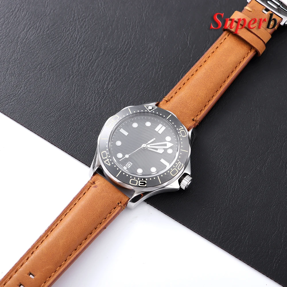 خمر جلد العجل حزام الساعات لأوميغا جلد البقر حزام (استيك) ساعة ل Seiko 20/22/24 مللي متر فراشة مشبك خياطة حزام بني
