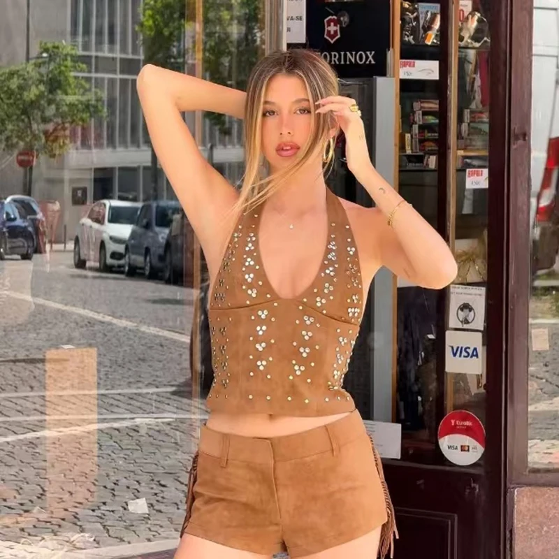 

Жилет со стразами и кисточками, комплект шорт, женские шикарные замшевые жилеты в стиле ретро на шнуровке с v-образным вырезом, тонкие шорты с высокой талией, женская уличная одежда