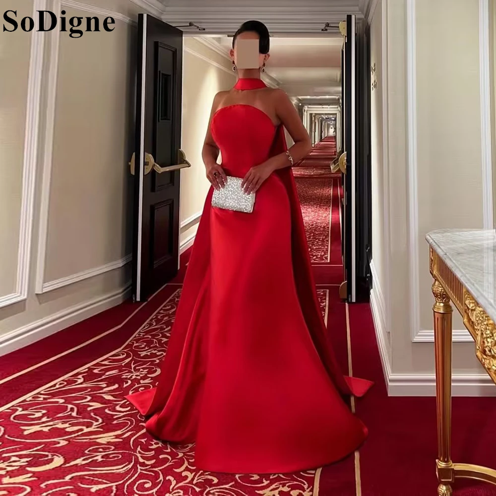 

SoDigne Elegant Red Satin Evening Dresses A-Line with Cape High Neck Sleeveless Banquet Party Dress 2025 Prom Gowns Customized