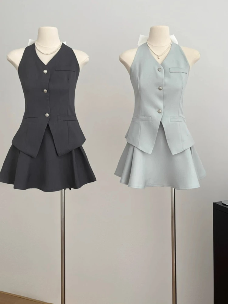 2024 French Sweet Commuter Suit Women Summer Sexy Bow Backless Blazer Vest+High Waist A-Line Skirt Elegant Slim-Fit 2-Piece Set
