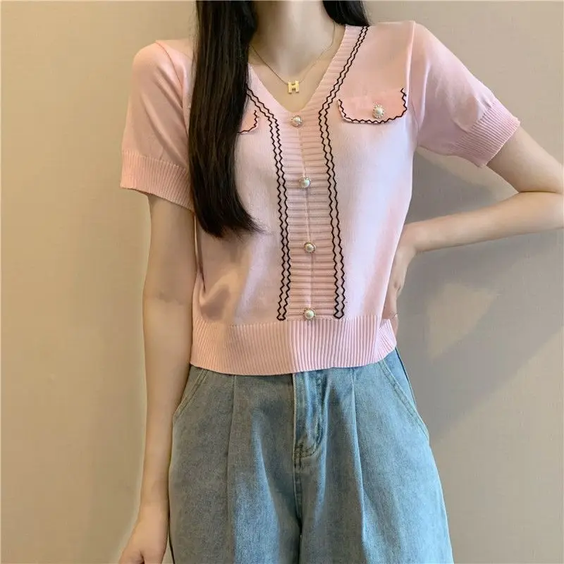 2024 Summer New Women\'s Thin Sweater Fashion Commute Spliced Striped Button All-match V-neck Short Sleeve Slim Chic Knitted Tops