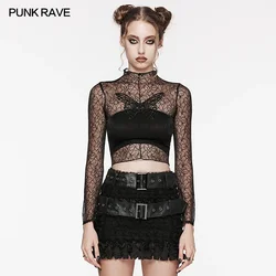 PUNK RAVE Women's Daily Gothic Floral Pattern Mesh T-shirt Sexy Perspective Butterfly Embroidery Tops Spring Summer