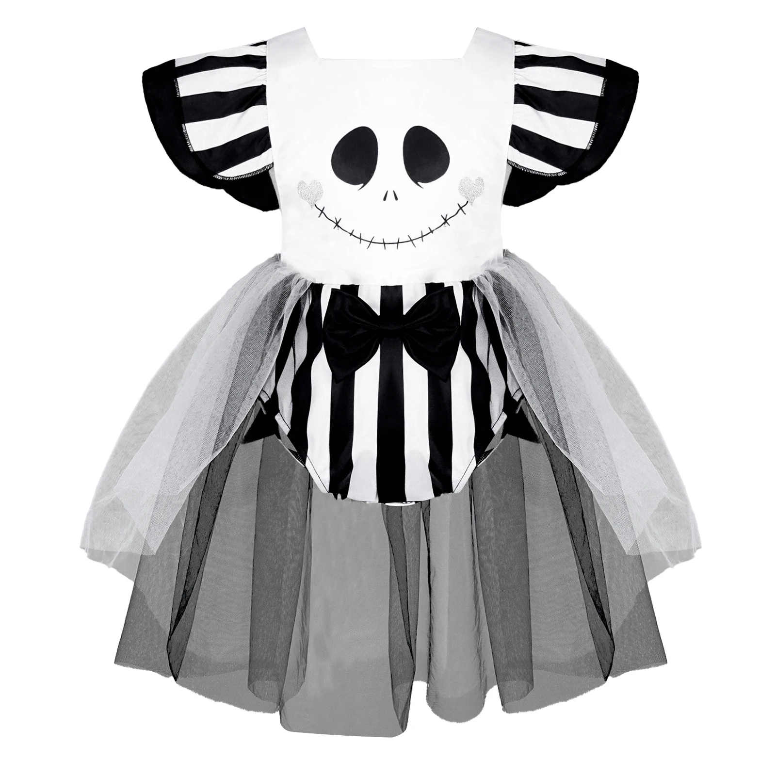 Infant Baby Girls Ghost Costume Halloween Party Cosplay Dress Flutter Sleeves Skull Face Printed Mesh Romper Dresses Leotard