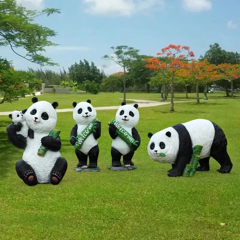 Simulação ao ar livre panda escultura ornamentos pátio decoração jardim fibra de vidro dos desenhos animados paisagismo