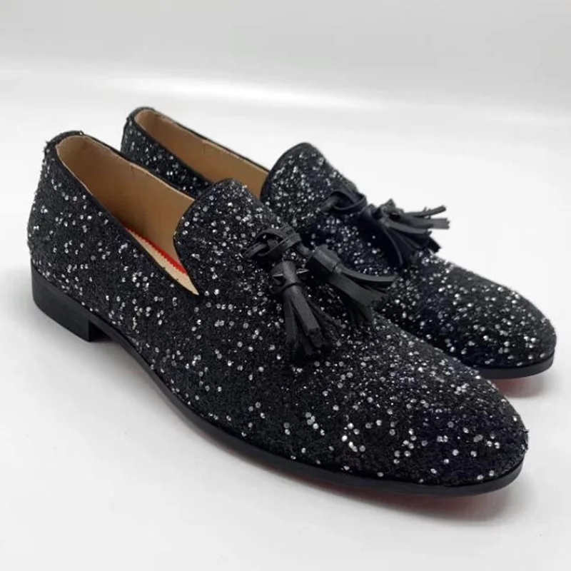 New Fashion Tassel Loafers Men Sequin Shoes High Quality Slip On Mens Glitter Shoes Dress Shoes