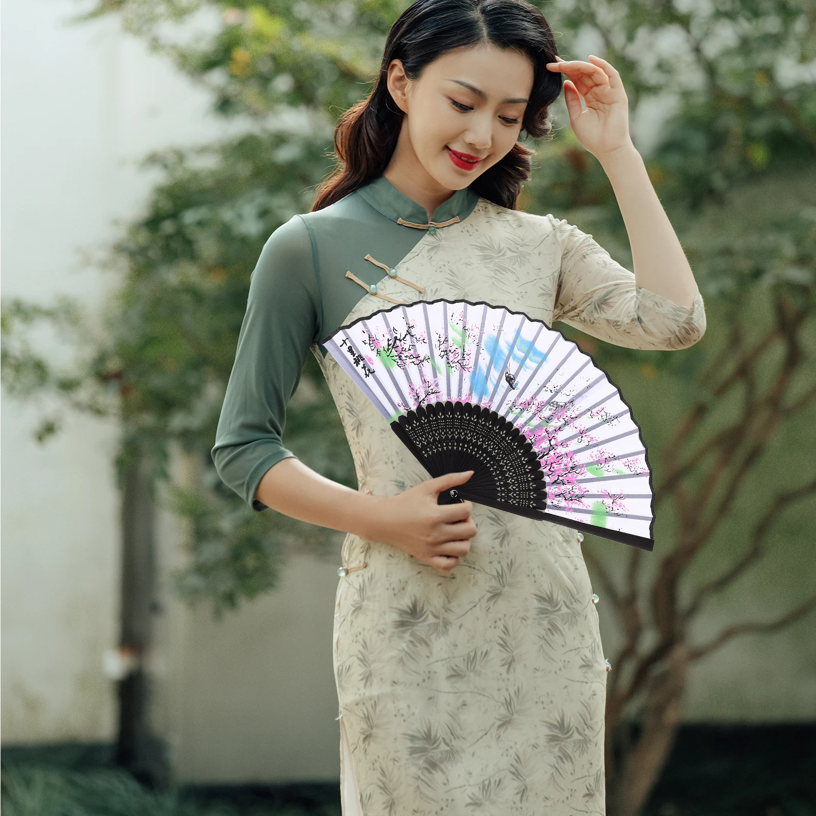 ดอกไม้ไม้ไผ่ H พัดลมพับได้เต้นรําตกแต่งสไตล์จีนแฟนเครื่องประดับ Retro Props น้ําหนักเบาทนทานแบบพกพา Photo