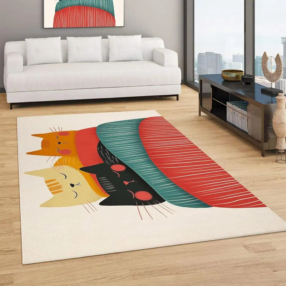 

Washable Area Rugs for Living Room - Cartoon Style Large Area Rug Sleeping Cat Blanket Rugs for Bedroom, Non-Slip Floor Carpet f