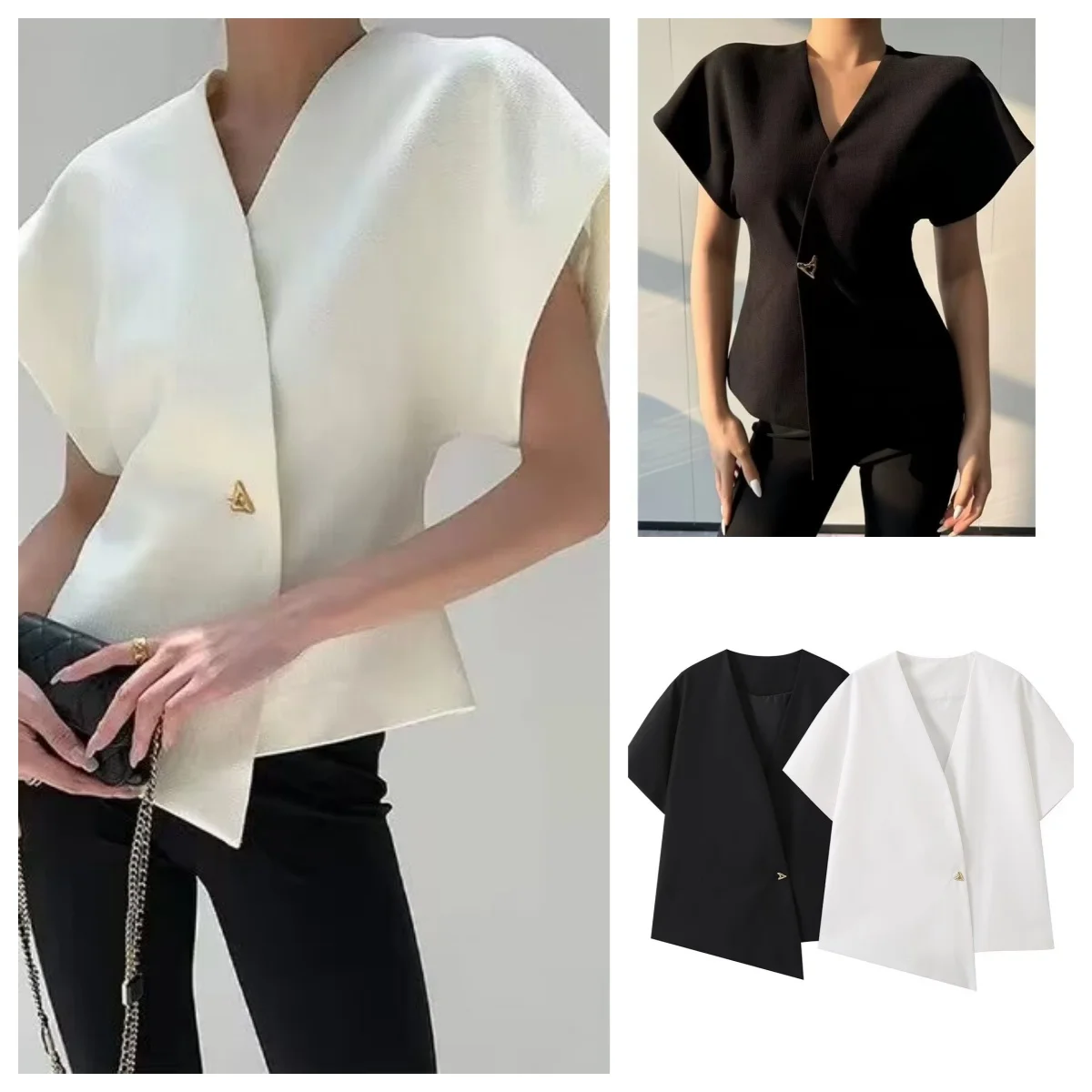 French pure desire one-button V-neck short-sleeved asymmetrical new age-reducing waist slimming shirt top