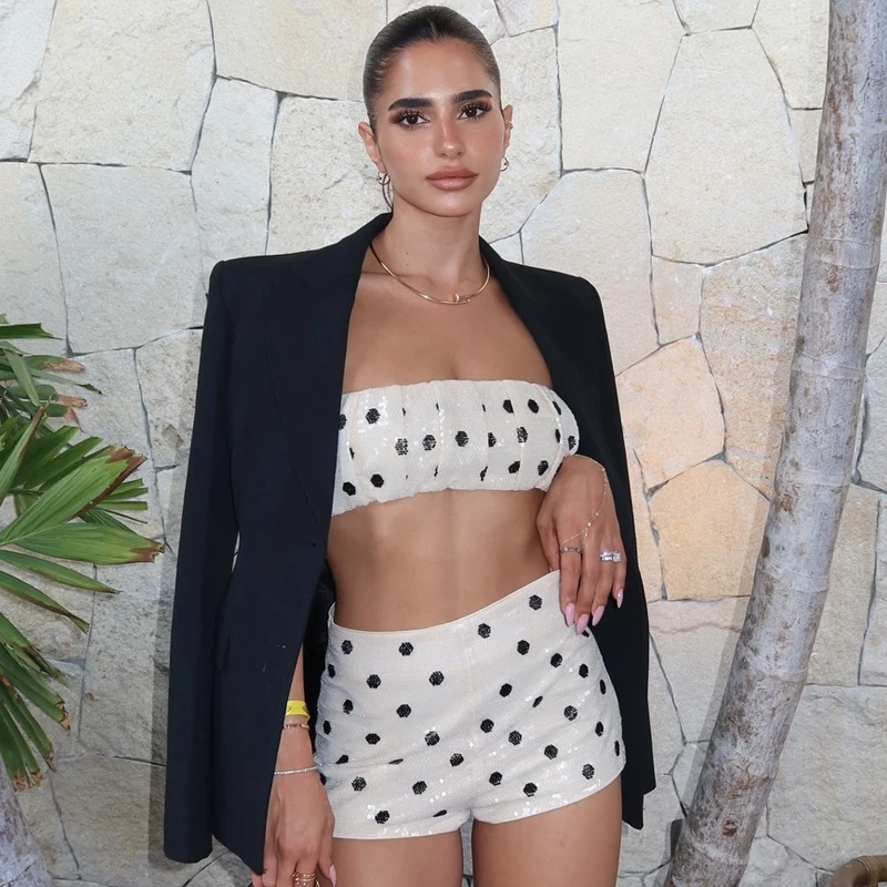 HXAO Polka Dots Pailletten-Shorts-Sets Damenanzug Elegantes Trägerloses Crop-Top Rückenfreies Top 2-teiliges Set Schickes Mini-Outfit mit Niedriger Taille – Detail 8