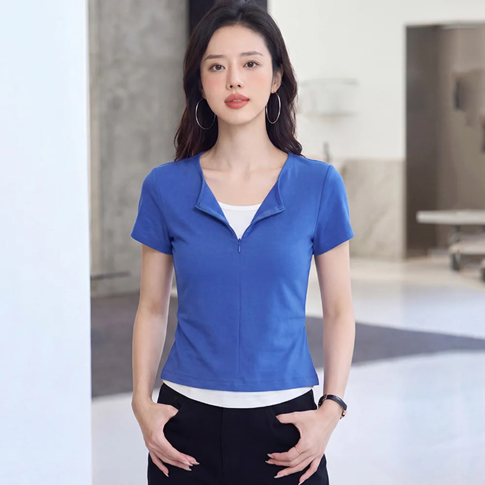 New Women Fake Two Pieces T-shirt Summer Fashion Contrast Color Patchwork Short Sleeve Slim T-shirt Casual Daily Pullover Tees
