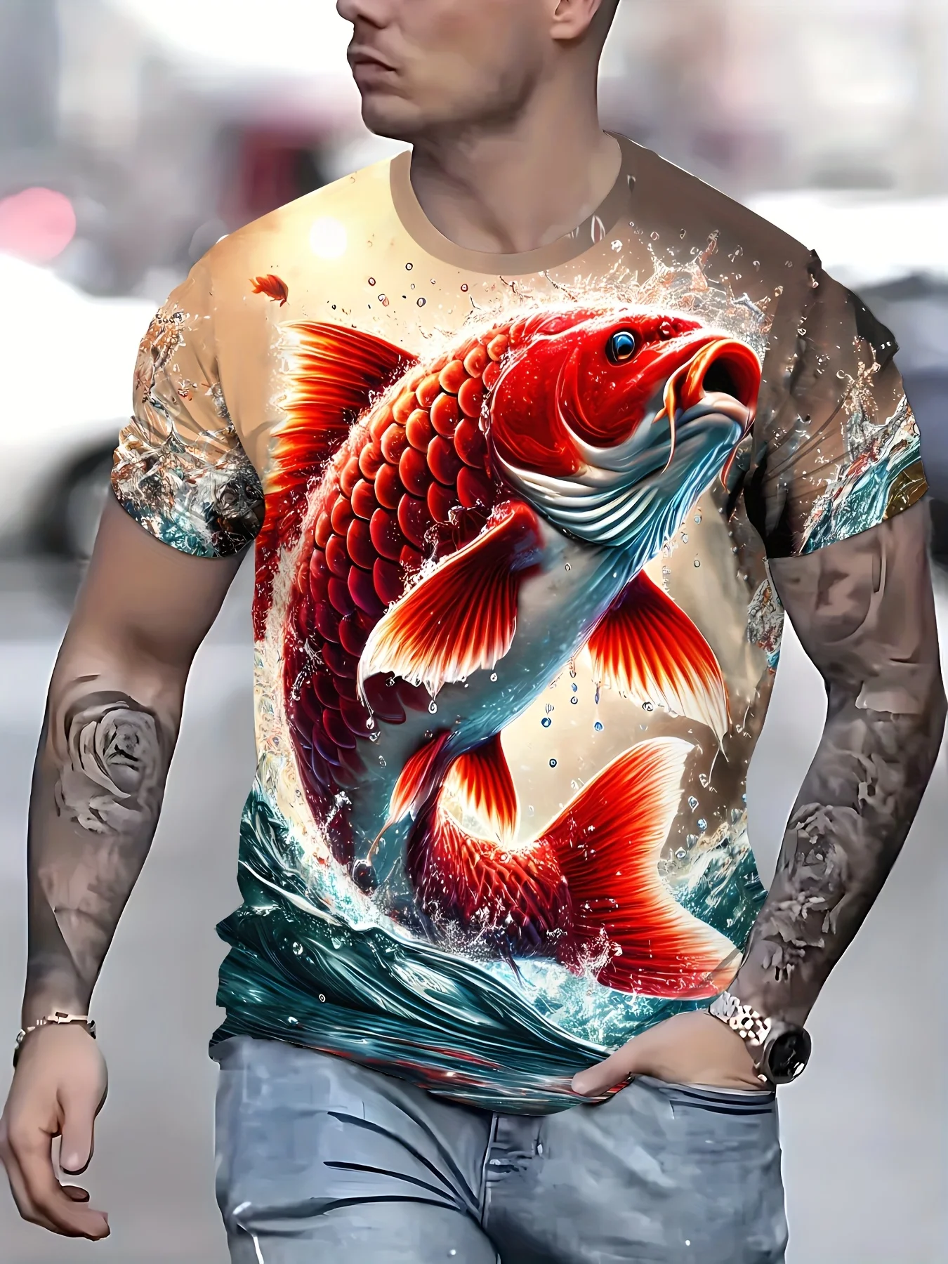 

Summer Leisure Round Neck Outdoor Activities Hip-hop Style 3D Printed Koi Water Pattern T-shirt Lightweight
