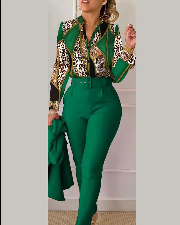 Spring/Autumn 2025 Women long sleeved shirt and pants set, elegant office uniform with pointed collar and floral print, 2 pieces