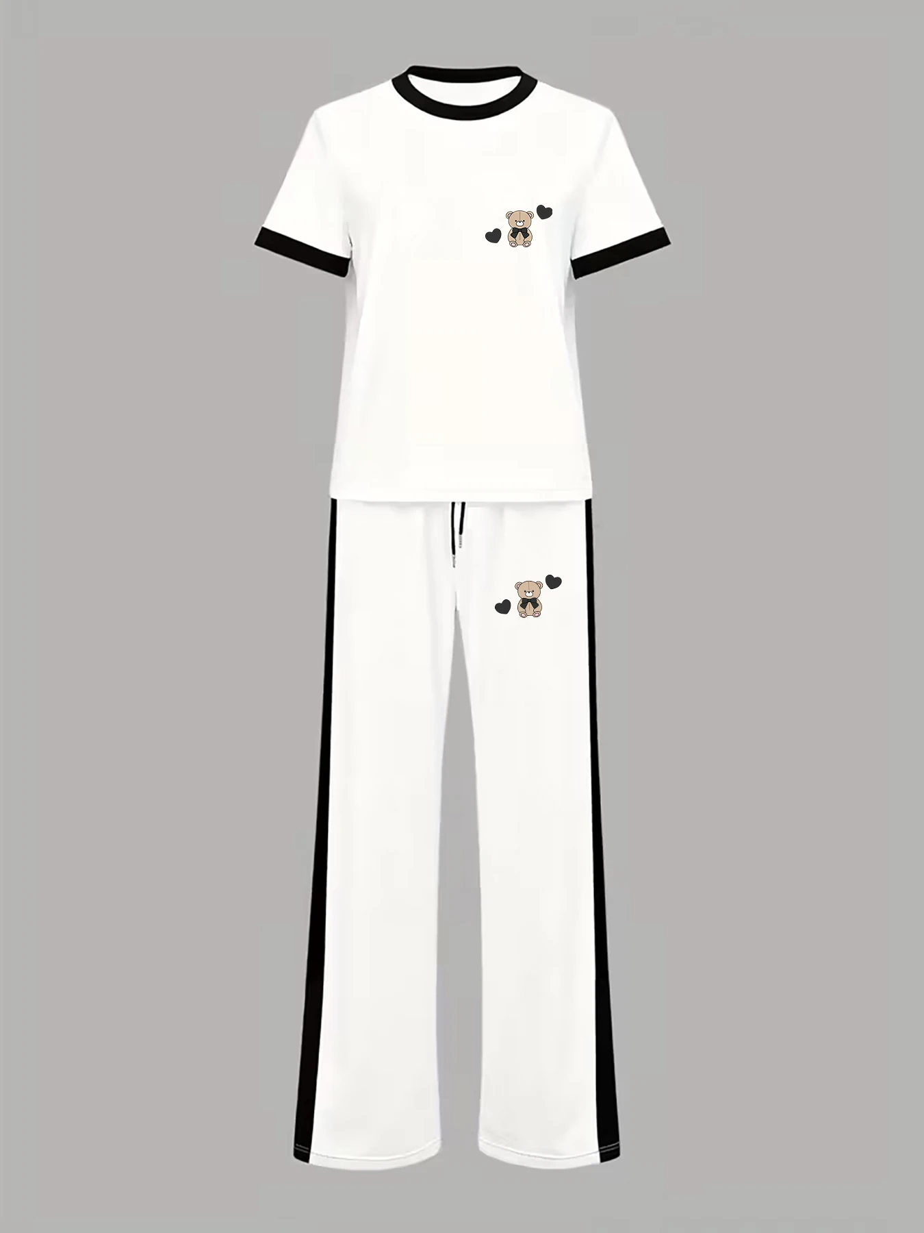 Cute and Sweet Cartoon Bear Heart Print Casual Set for Women, Two-Piece Loose Fit, Slimming and Versatile Casual T-Shirt and Long Pants, Age-Reducing and Comfortable Drawstring Waist Set, Summer Daily Commute Streetwear Women's Clothing