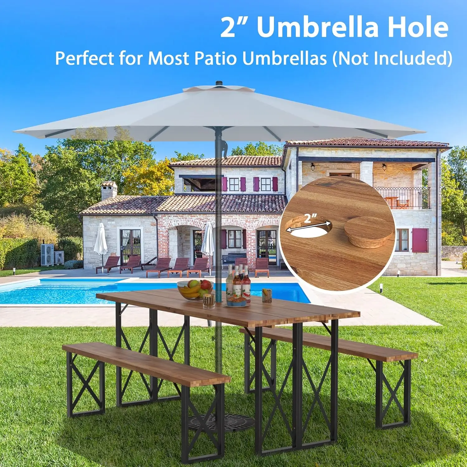 Outdoor Picnic Table Set with 2 Benches, Acacia Wood Patio Dining Table Set for 6 or 4 Persons, with 2” Umbrella Hole, 67” Large