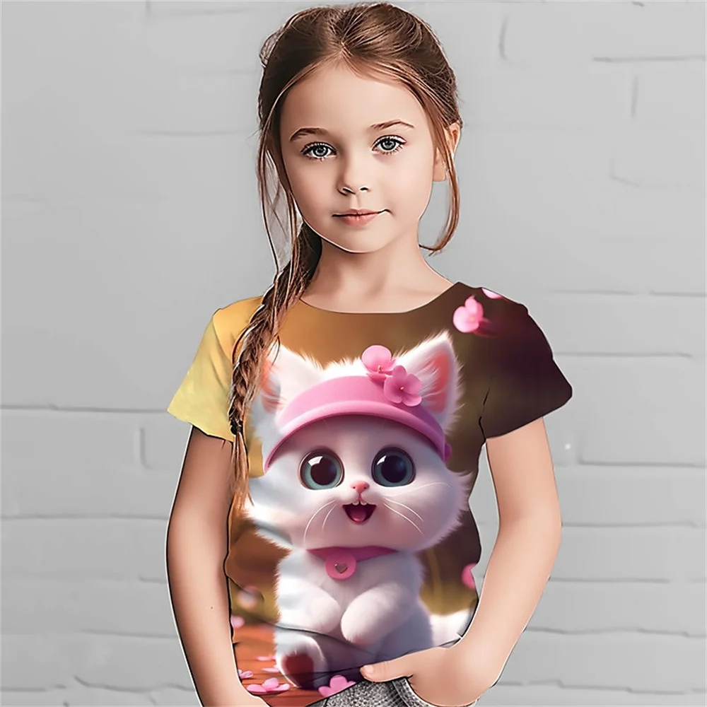 

Children's Clothing Girl T-Shirt Short Sleeve Cute Cat 3D Print Kids Summer Clothes Casual Cartoon Round Neck Girl Clothes Tops