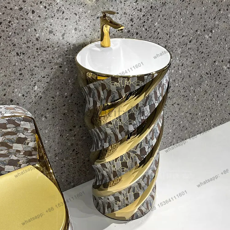 

One-piece striped color gold pillar basin, bamboo joint gold-plated floor washbasin