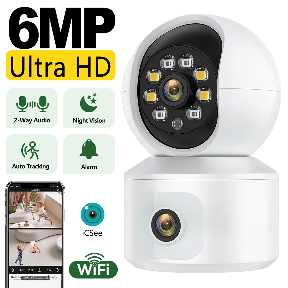 

6-мегапиксельная Wi-Fi IP-камера с двумя объективами, двойной экран, радионяня, домашняя камера безопасности, PTZ, автоматическое отслеживание, видеонаблюдение, ICsee