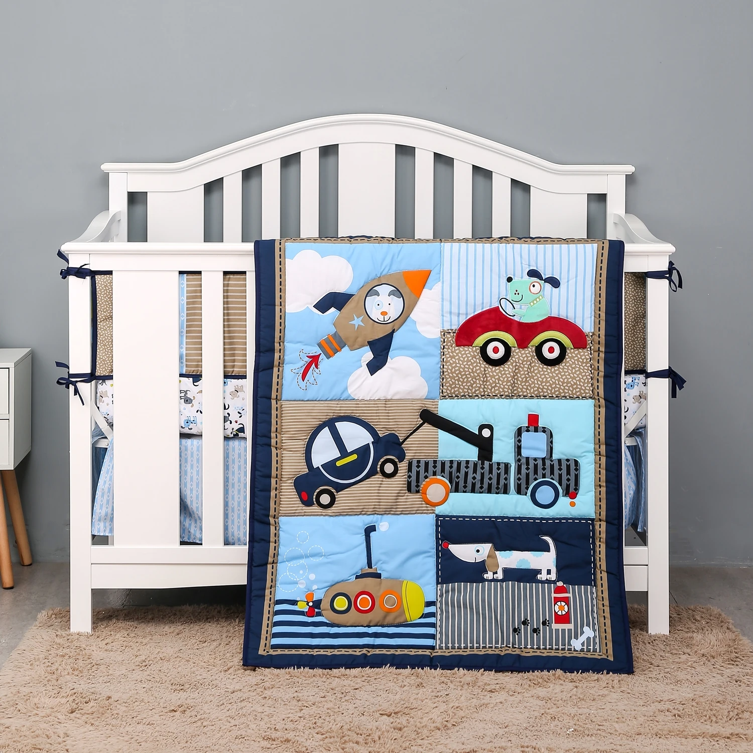 

7Pcs Vehicle Baby Crib Bedding Set for Boys or Girls Organic Cotton Crib Comforter Set (4Bumper Crib Sheet Comforter Crib Skirt)