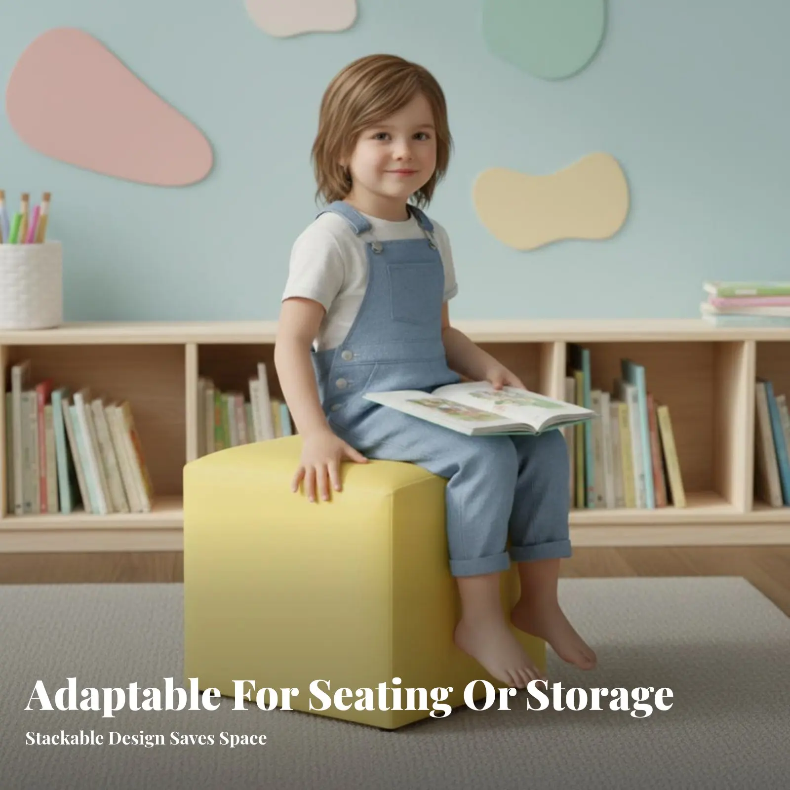 

Мягкий кубический табурет с ярким дизайном, детская мебель, легко чистящаяся поверхность, экономит место, для дошкольников, школьников, небольших помещений