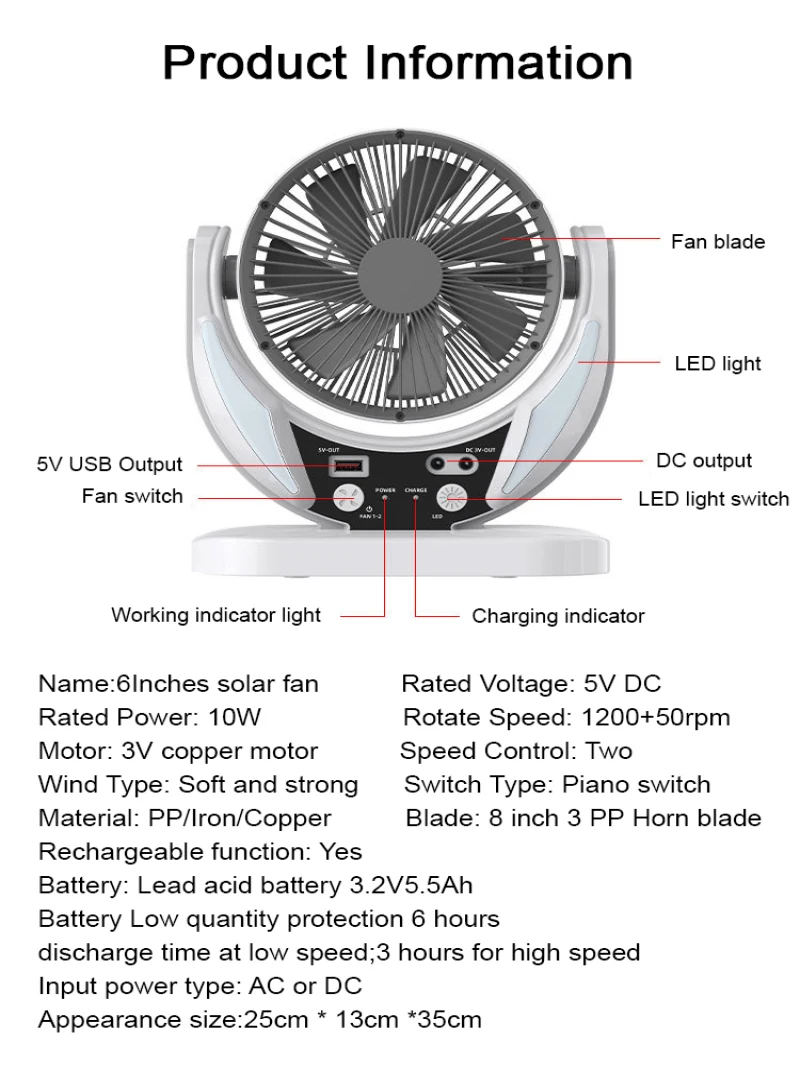 مروحة توزيع الطاقة الشمسية، متعددة الوظائف، طاقة الرياح العالية، قابلة لإعادة الشحن، ضوء مروحة توزيع الهواء #6