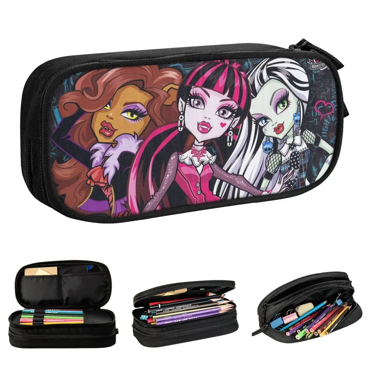 Kawaii Girl Pencil Case Fashion Draculaura High Pen Box Bags Kids Large Storage Students School Cosmetic Pencil Pouch