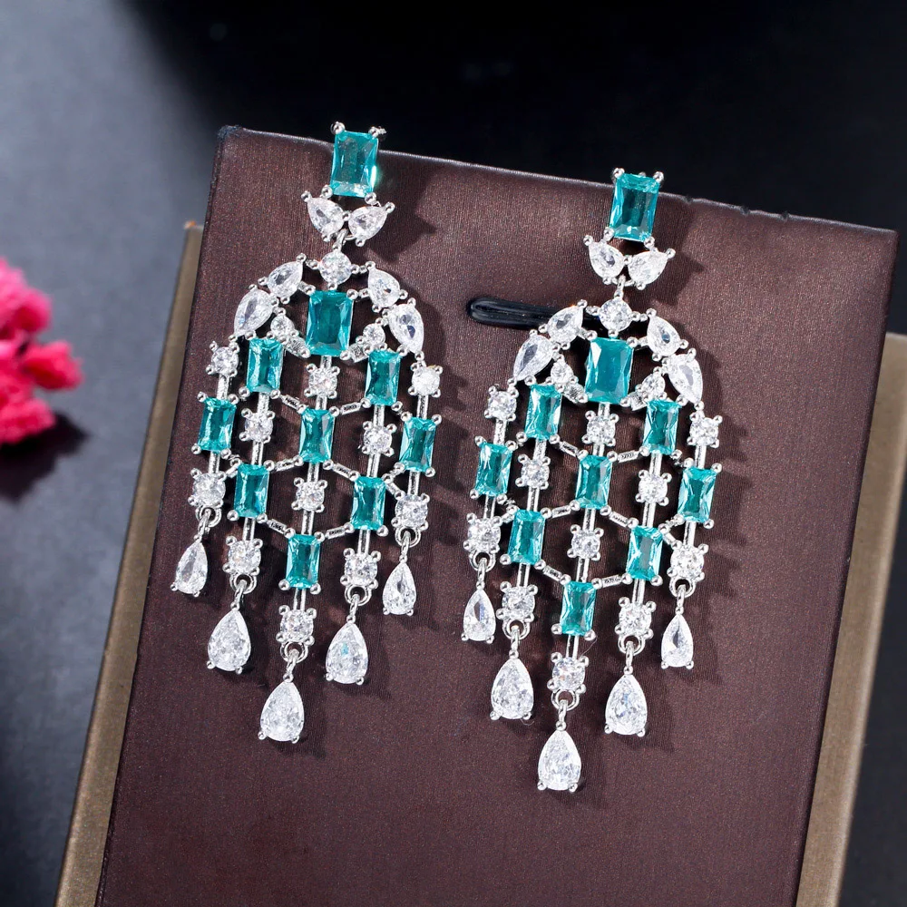 CWWZircons Chic Europe Royal Cubic Zircon Light Blue Long Tassel Water Drop Earrings for Women Engagement Wedding Jewelry CZ342