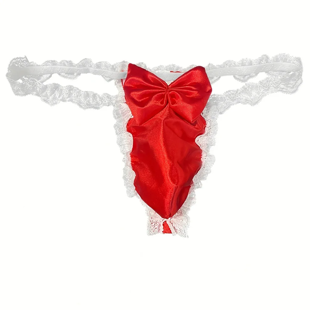 الدانتيل تكدرت T الظهر ثونغ للرجال المثيرة منخفضة الارتفاع U محدب الحقيبة g-سلسلة سيسي مثير Bowknot لامعة الساتان مثلي الجنس مفتوحة بعقب الملابس الداخلية #4