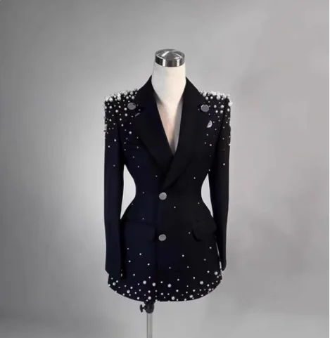 Female Small Fragrant Beaded Suit Jacket Women's 2024 Autumn New High-end Light Luxury Waist-tight Tailored Coat Women’s Clothes