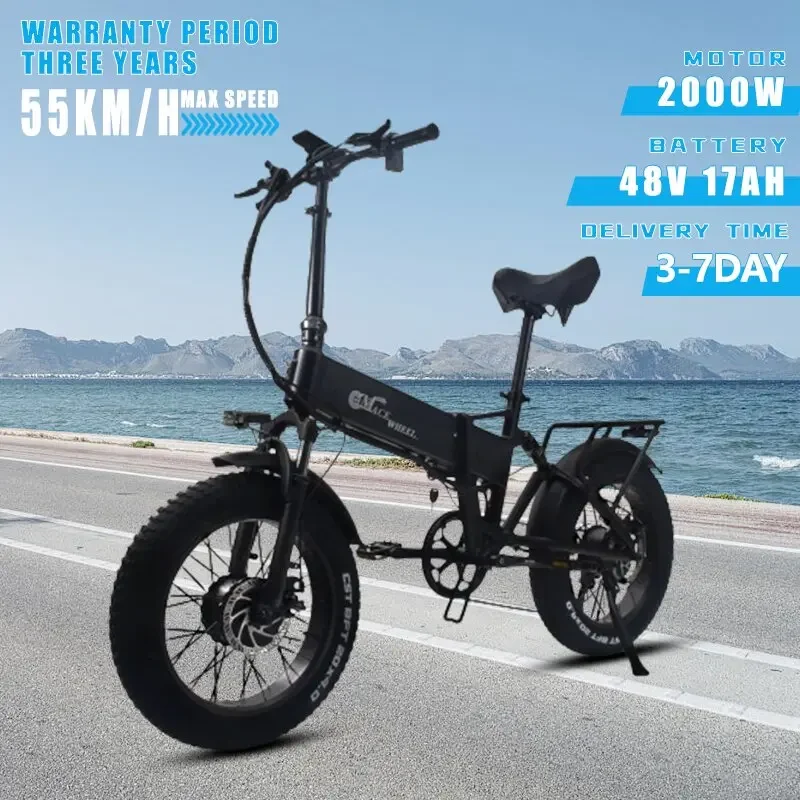 E Bike 2000W Dual Motor 48V17AH Hidden Lithium Battery Foldable Electric Bicycle Variable Speed 20-inch Fat Tire Electric Bike