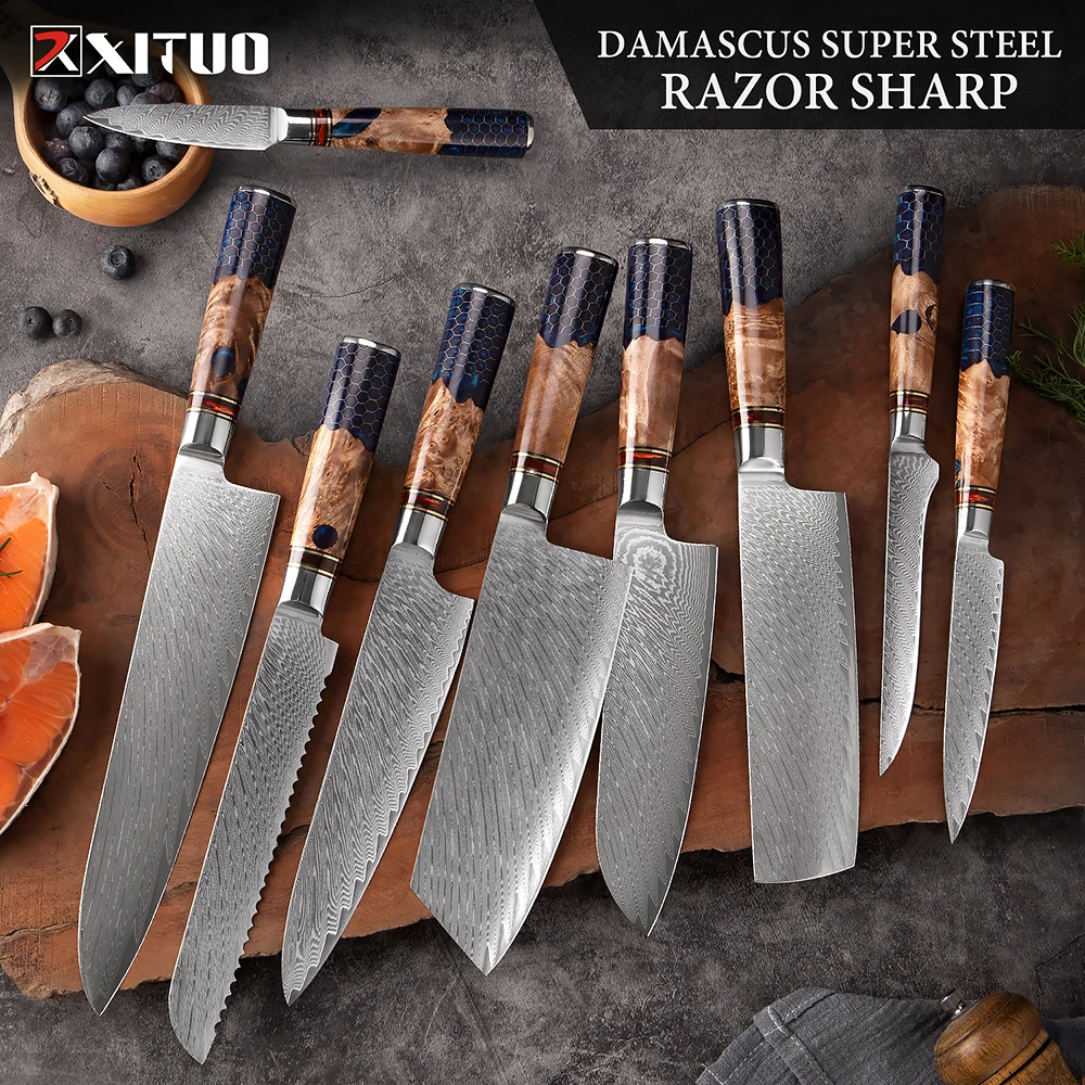 XITUO 1-9 Piece Kitchen Knives Set Damascus Steel Chef Knife Sharp Cut Vegetables Sliced Meat Bread Blue Resin Honeycomb Handle