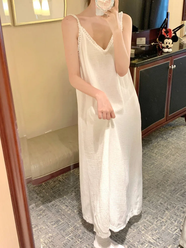 

Women's Summer New Nightgowns Korean V-neck Comfortable Halter Holiday Style Backless Home Wear Pajamas Solid Nightdress Female