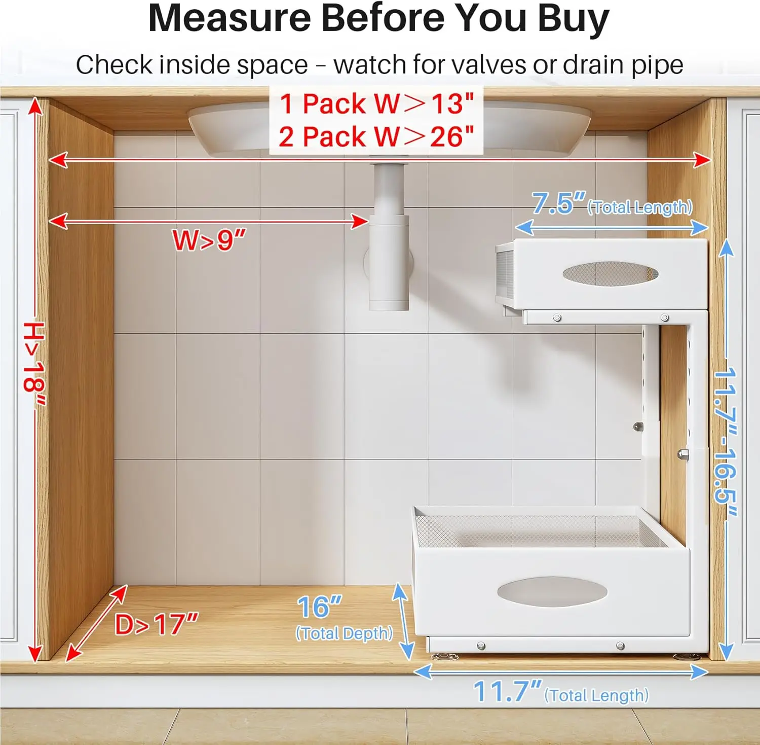 منظم تحت المغسلة، عبوتان من طبقتين، رف منظم للخزانة مع وسادة للخزائن المؤطرة، شريحة معدنية بيضاء #4